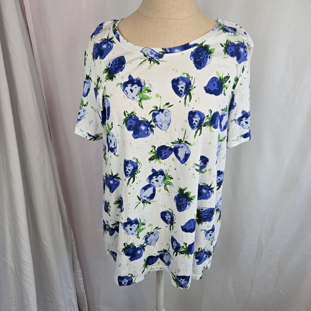 Maeve For Anthropologie Blue Strawberry Fields Tee T-shirt Size L Novelty Print